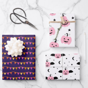PINK PUMPKIN HALLOWEEN AND FALL PATTERN WRAPPING PAPER SHEET