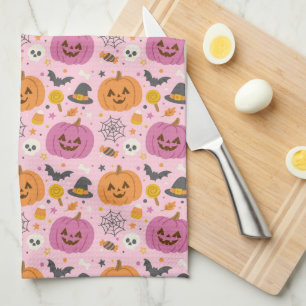 Pink Pumpkin Halloween Pattern Kitchen Towel