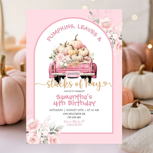 Pink Pumpkin Leaves & Stacks of Hay Birthday Invitation (Creator Uploaded)