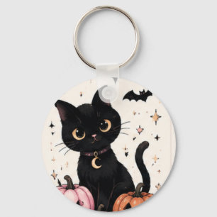 Pink Pumpkin Moon Collar Black Cat Key Ring