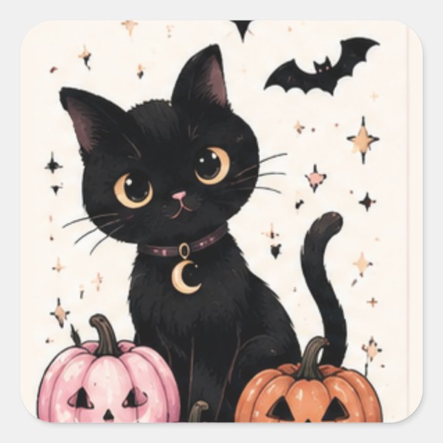 Pink Pumpkin Moon Collar Black Cat Square Sticker (Front)