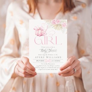 Pink Pumpkin Oh Girl Floral Bow Baby Shower Invitation