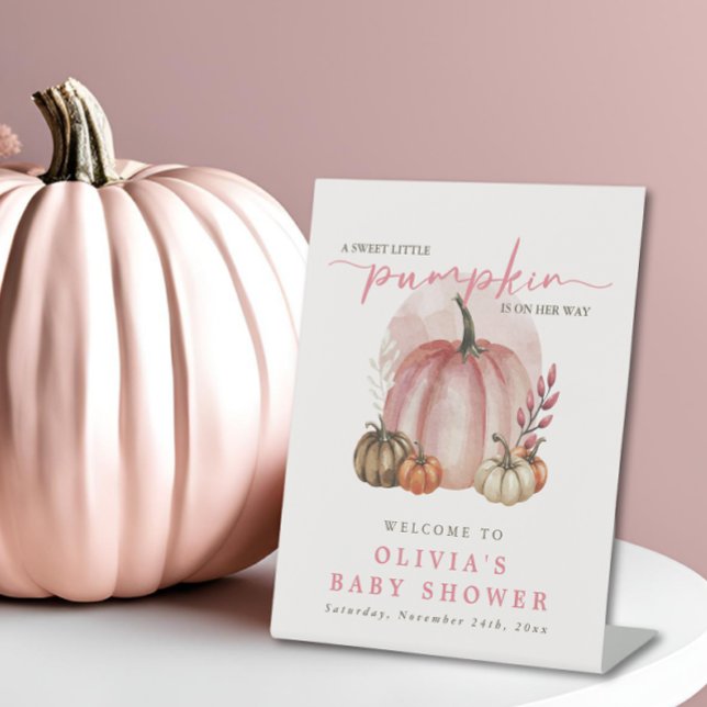 Pink Pumpkin On Her Way Girl Baby Shower Welcome Pedestal Sign (Creator Uploaded)