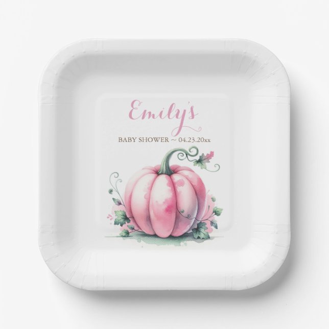 Pink Pumpkin Paper Plates – Fall Baby Shower Decor (Front)