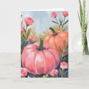 Pink Pumpkin Patch Rose Floral Watercolor Fall Holiday Card