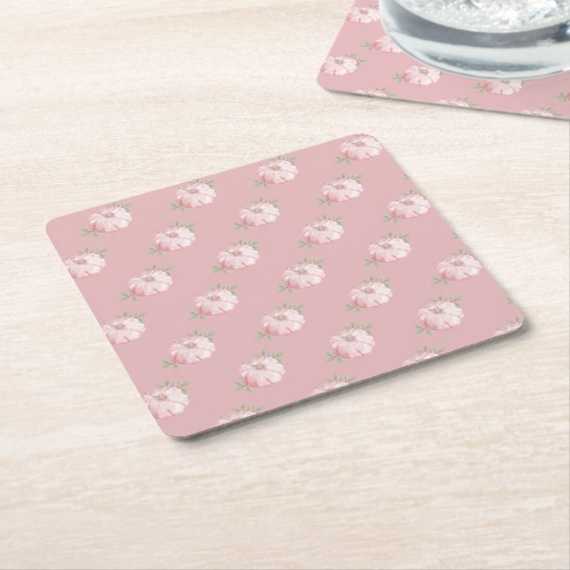 Pink Pumpkin Pattern Fall Square Paper Coaster (Angled)