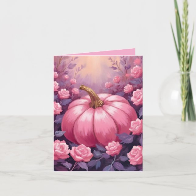 Pink Pumpkin Rose Floral Halloween Thanksgiving Holiday Card (Front)