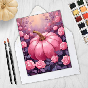 Pink Pumpkin Rose Floral Halloween Thanksgiving Holiday Card