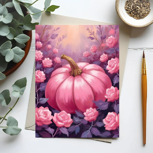 Pink Pumpkin Rose Floral Halloween Thanksgiving Holiday Postcard
