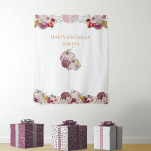 Pink Pumpkin Rustic Floral Girls Birthday Tapestry