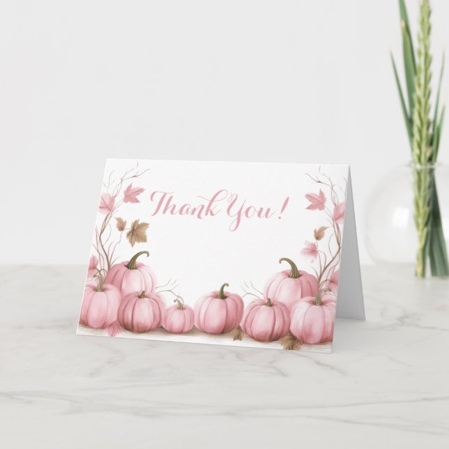 Pink Pumpkin Theme Baby Shower Thank You Card (Front)