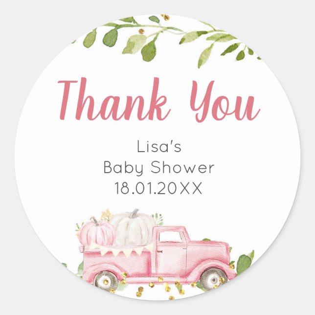 Pink Pumpkin Truck Baby Shower Thank You Sticker (Front)