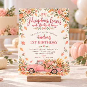 Pink Pumpkin Truck Floral Fall Birthday Invitation