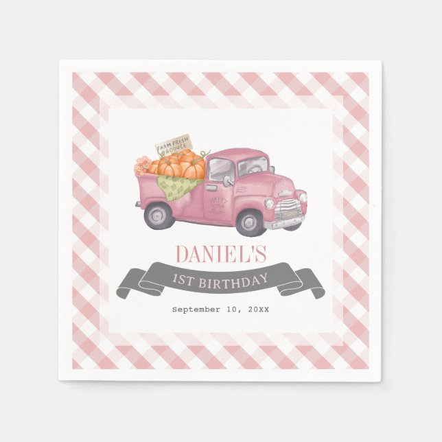 Pink Pumpkin Truck Gingham Girl 1st Birthday Napkin (Front)