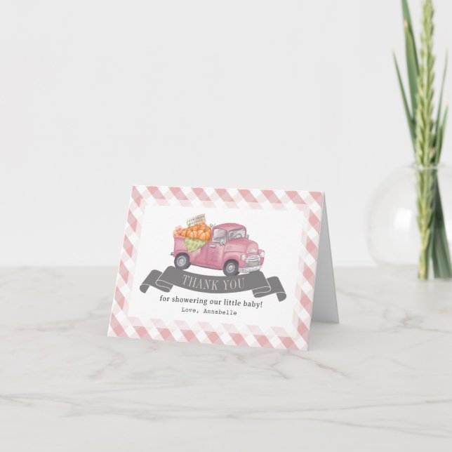 Pink Pumpkin Truck Gingham Girl Baby Shower Thank You Card (Front)