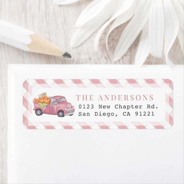 Pink Pumpkin Truck Gingham Return Address (Insitu)