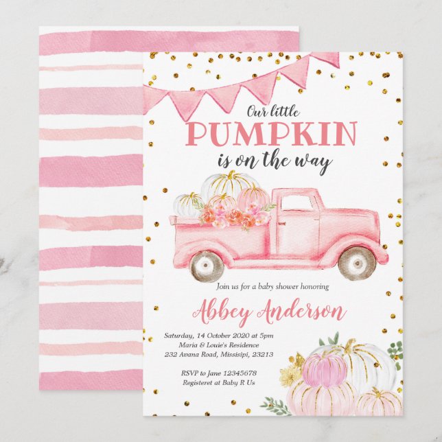 Pink Pumpkin Truck Girl Baby Shower Invitation (Front/Back)