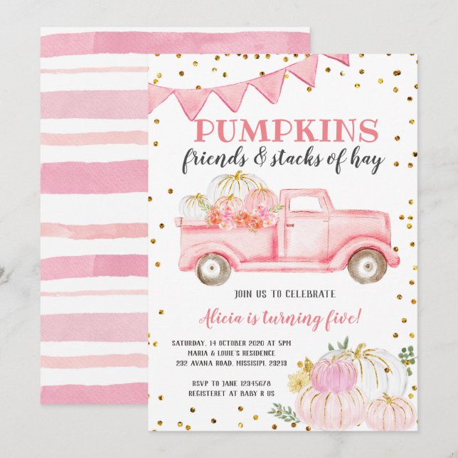 Pink Pumpkin Truck Girl Birthday Invitation (Front/Back)