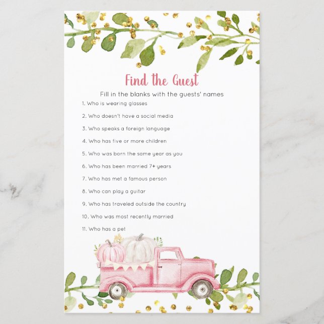 Pink Pumpkin Truck Watercolor Find the Guest game (Front)