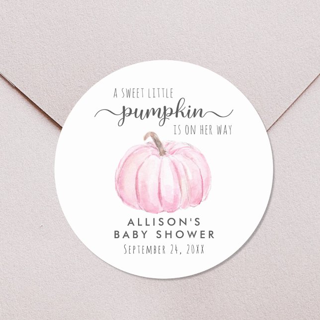 Pink Pumpkin Watercolor Baby Girl Shower Classic Round Sticker (Creator Uploaded)