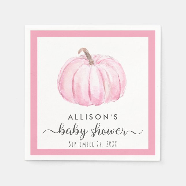 Pink Pumpkin Watercolor Baby Girl Shower Napkin (Front)