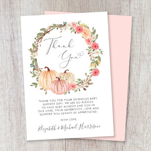 Pink Pumpkin Watercolor Baby Shower Thank You Card