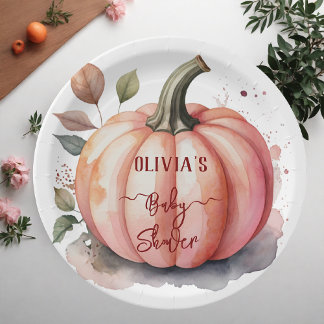 Pink Pumpkin Watercolor Boho Baby Girl Shower Paper Plate