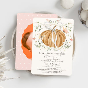 Pink Pumpkin Wildflower Butterfly 1st Birthday Invitation