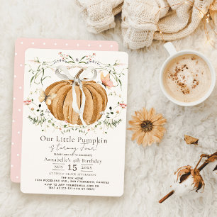 Pink Pumpkin Wildflower & Butterfly Birthday Invitation