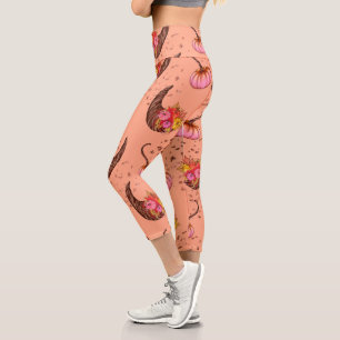 Pink Pumpkin with Autumn Leaves and Horns Capri Leggings