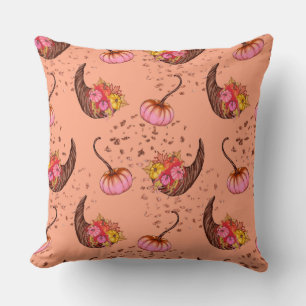 Pink Pumpkin with Autumn Leaves and Horns Cushion