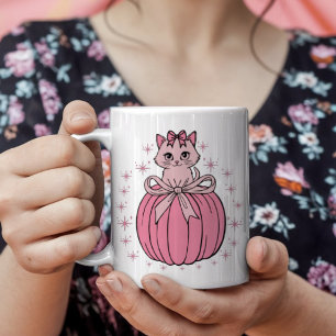 Pink Pumpkin With Cute Cat Coffee Mug