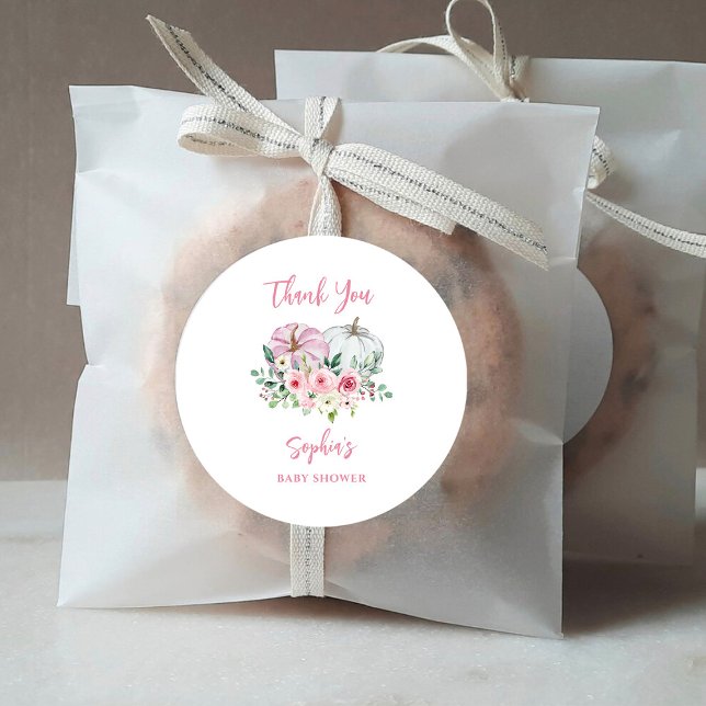 Pink Pumpkins Baby Shower Thank You Classic Round Sticker (Creator Uploaded)