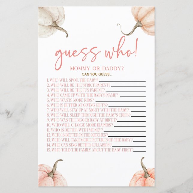 Pink Pumpkins Fall Guess Who Baby Shower Game (Front)