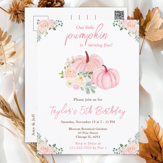 Pink Pumpkins Floral Birthday Party Postcard (Creator Uploaded)