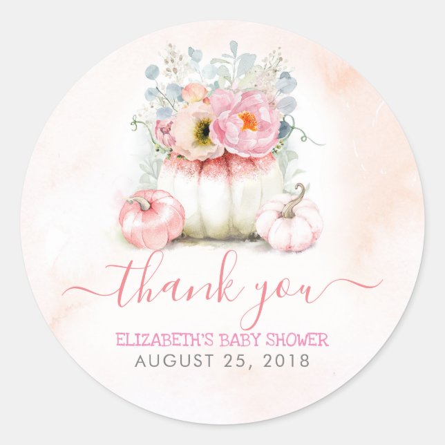 Pink Pumpkins Floral Fall Baby Shower Thank You Classic Round Sticker (Front)