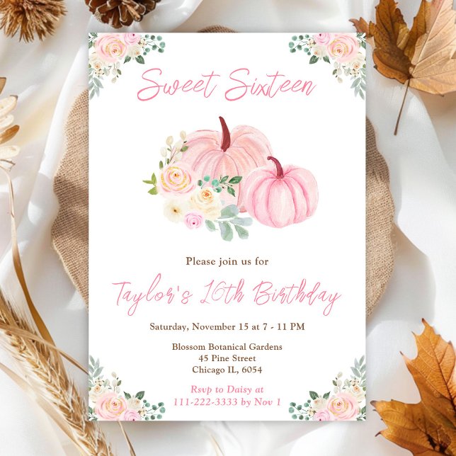 Pink Pumpkins Floral Sweet Sixteen Invitation (Creator Uploaded)