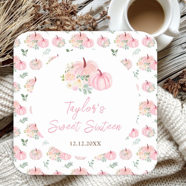 Pink Pumpkins Floral Sweet Sixteen Square Paper Coaster (Creator Uploaded)