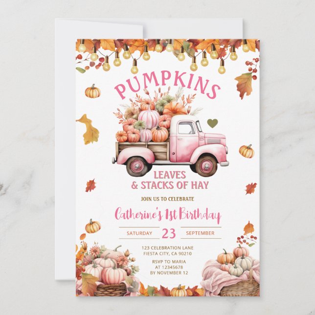 Pink Pumpkins Leaves and Stacks of Hay Birthday Invitation (Front)