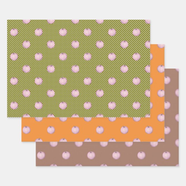 Pink Pumpkins on Mocha Green and Orange Wrapping Paper Sheet (Set)