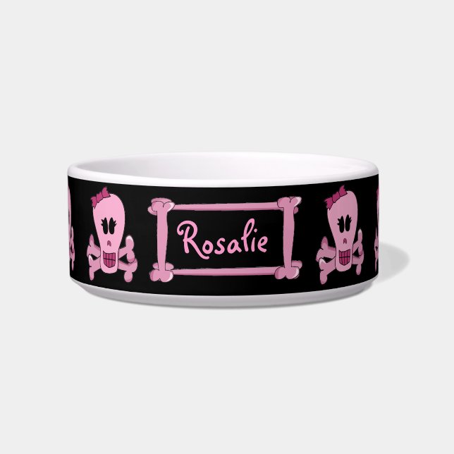 Pink Punk Skull with Bow Personalised Pet Bowl (Front)