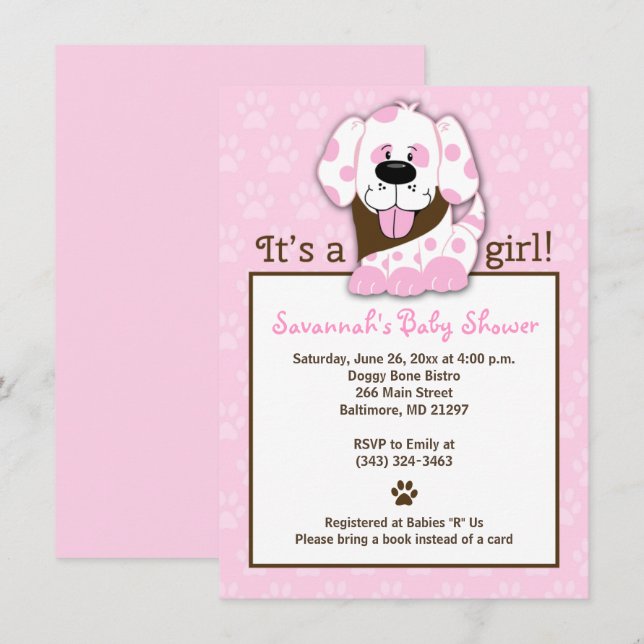 Pink Puppy Dog Girl Baby Shower Invitation (Front/Back)