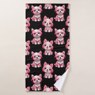 Pink Puppy Dog Pattern Design - Black Bath Towel
