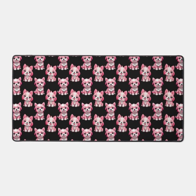 Pink Puppy Dog Pattern Design - Black  Desk Mat (Front)