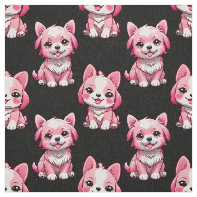 Pink Puppy Dog Pattern Design - Black  Fabric (Swatch)