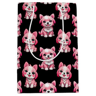 Pink Puppy Dog Pattern Design - Black Medium Gift Bag