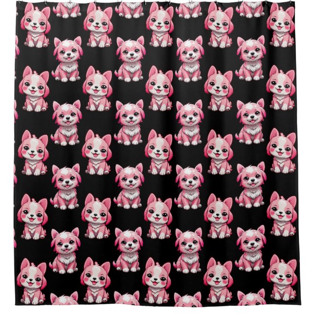 Pink Puppy Dog Pattern Design - Black  Shower Curtain (Front)