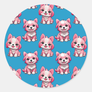 Pink Puppy Dog Pattern Design - Blue Classic Round Sticker