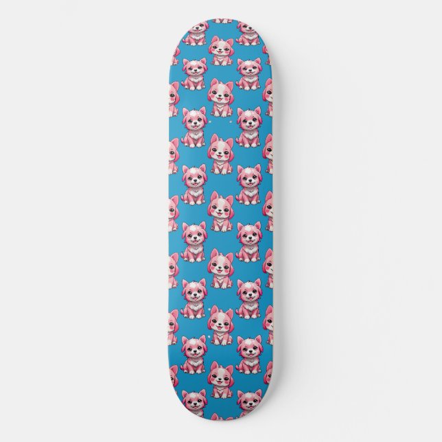 Pink Puppy Dog Pattern Design - Blue Skateboard (Front)