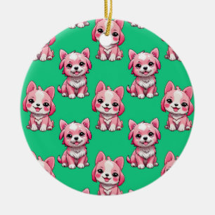 Pink Puppy Dog Pattern Design - Green Ceramic Tree Decoration